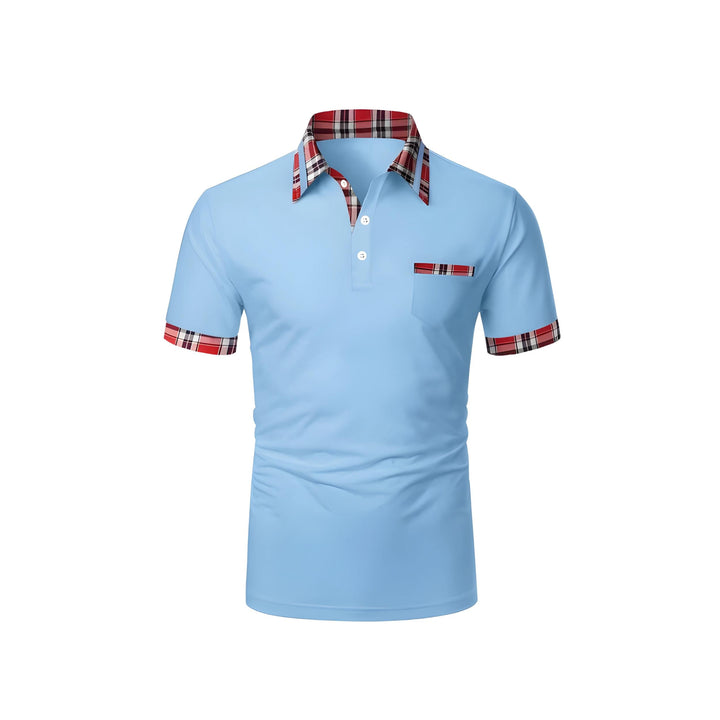 Men’s Polo Shirt with Plaid Trim | Short Sleeve Stretch Cotton | Smart Casual Summer Style
