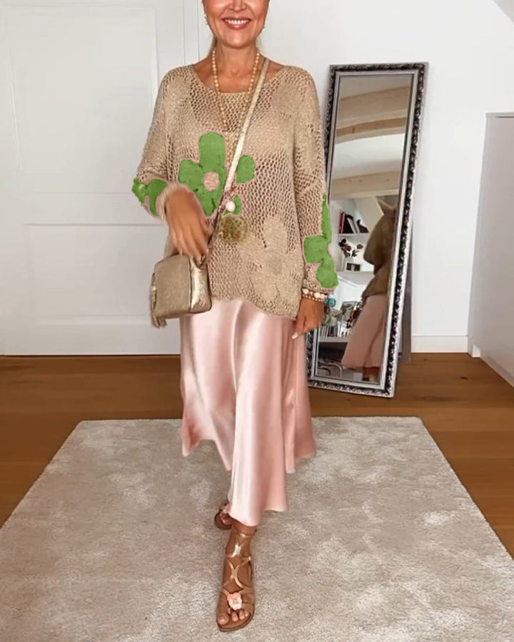 Sasha - Floral knit sweater with long openwork sleeves