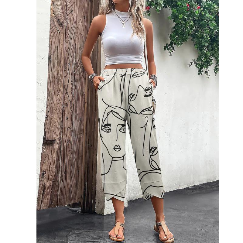 Women's Abstract Face Print Wide-Leg Pants | Lightweight High-Waisted Trousers | Casual Art-Inspired Style