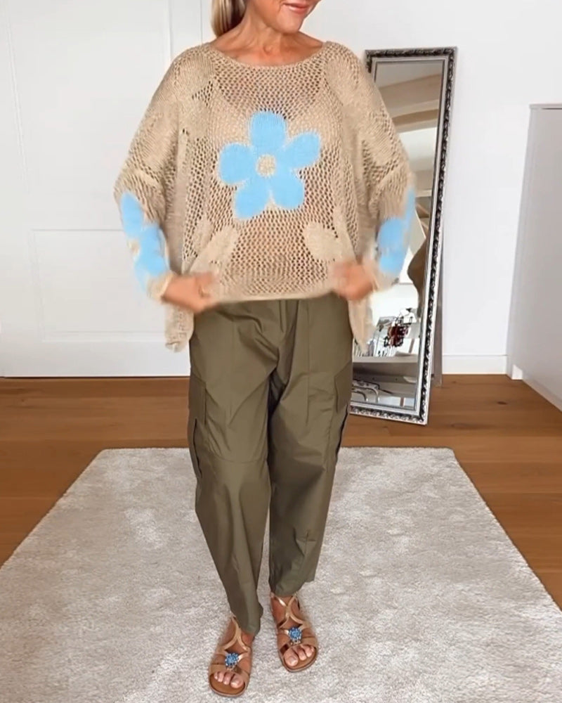 Sasha - Floral knit sweater with long openwork sleeves