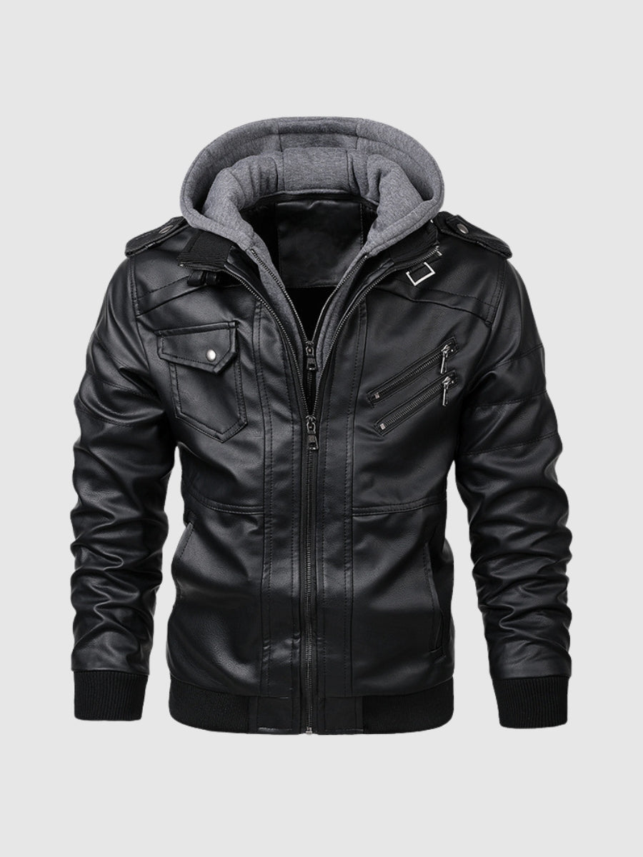 Men’s Faux Leather Hooded Jacket | Ribbed Trim & Zip Pockets | Midweight Fall Outerwear