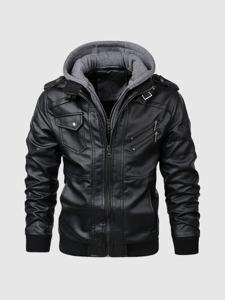 Men’s Faux Leather Hooded Jacket | Ribbed Trim & Zip Pockets | Midweight Fall Outerwear