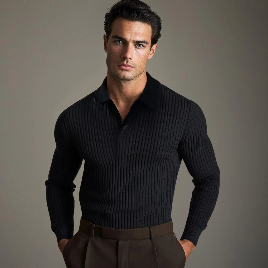 Men’s Ribbed Knit Polo Sweater | Slim Fit | Elevated Smart Casual Long Sleeve