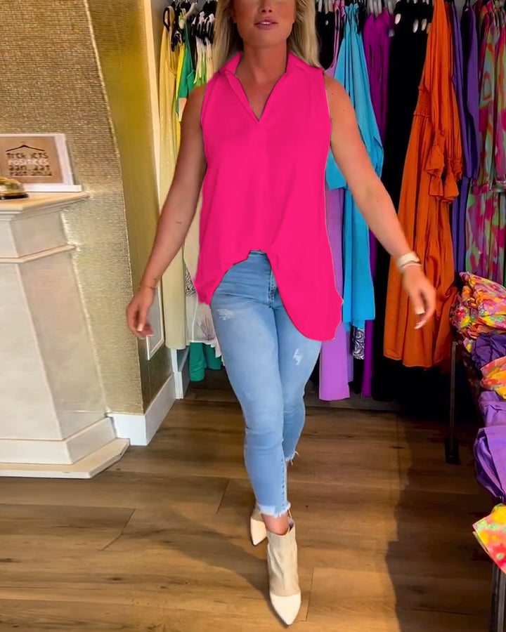 Tahliana - Sleeveless Top with Subtle Ruffles and Elegant Lapels