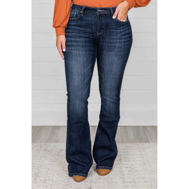 High-Rise Flare Jeans | Stretch Denim | Classic Dark Wash Fit