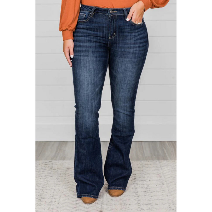 High-Rise Flare Jeans | Stretch Denim | Classic Dark Wash Fit