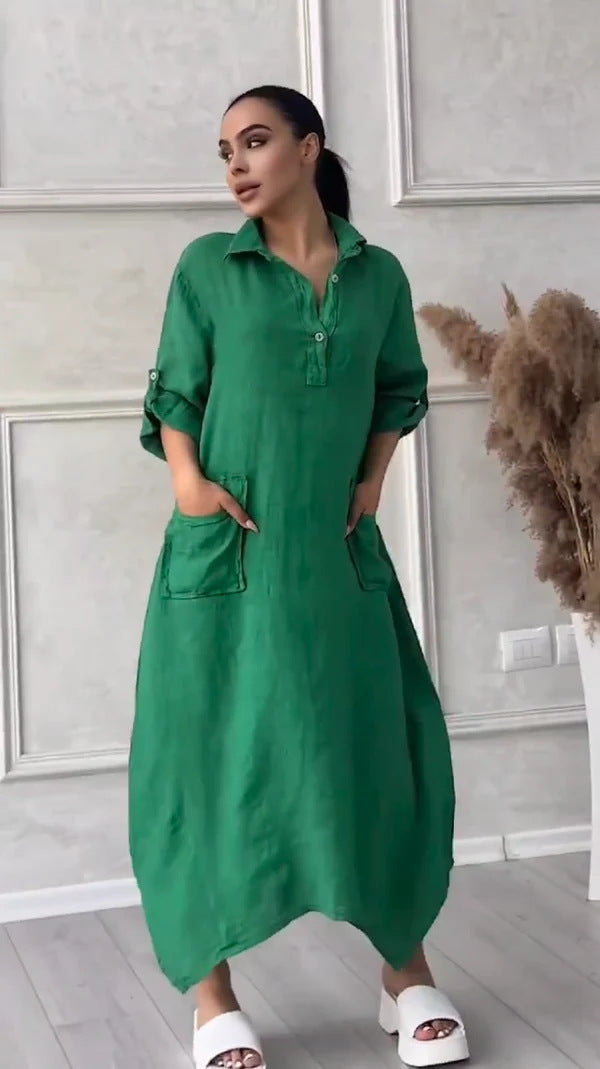 Léontine - Robe longue pour femme en lin et coton à revers 