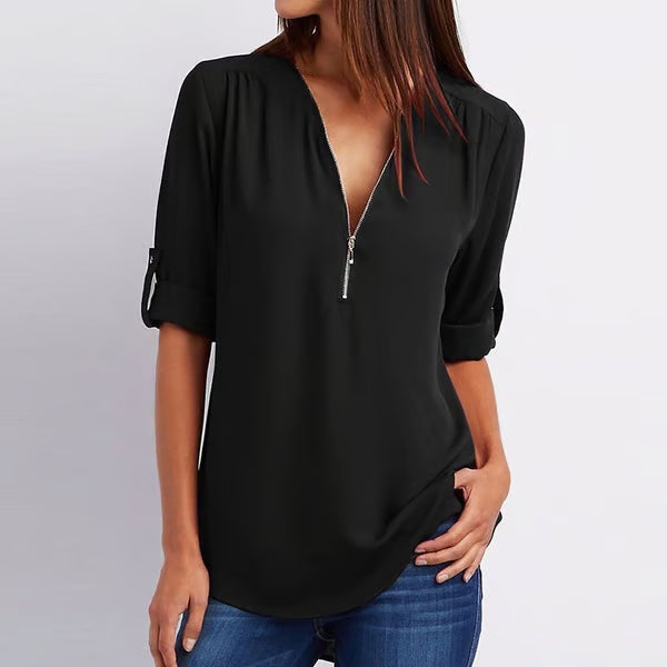 Quelina - Loose-Fitting 3/4 Sleeve Zip-Up Blouse
