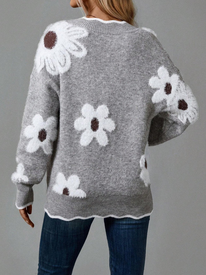 Odette - Elegant Floral Sweater with Scalloped Trim