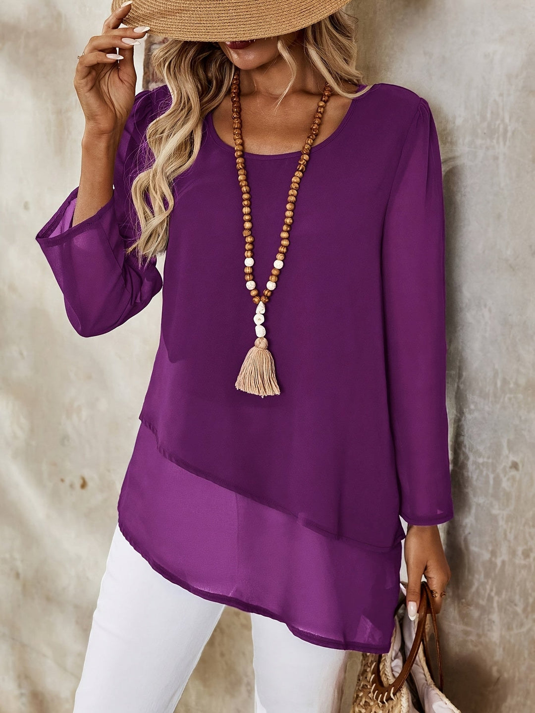 Corisande - Elegant Double Layer Blouse with Asymmetrical Hem and Light Sheerness