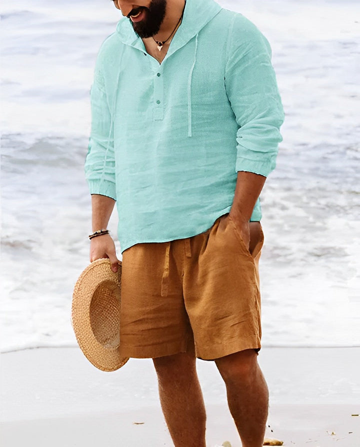 Men’s Linen Blend Beach Shirt | Lightweight Long Sleeve Henley | Summer Resortwear Canada