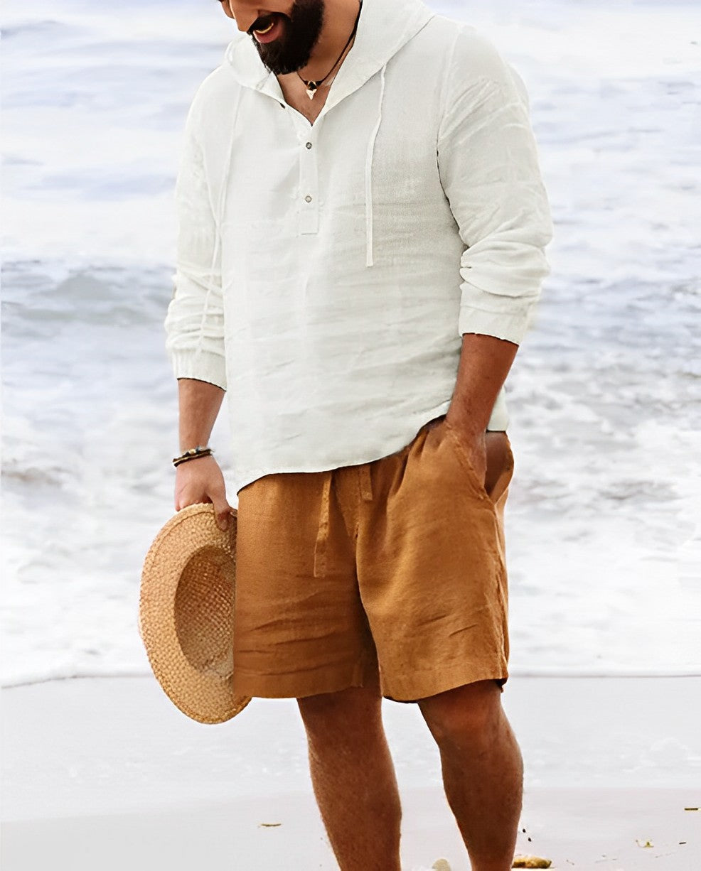 Men’s Linen Blend Beach Shirt | Lightweight Long Sleeve Henley | Summer Resortwear Canada