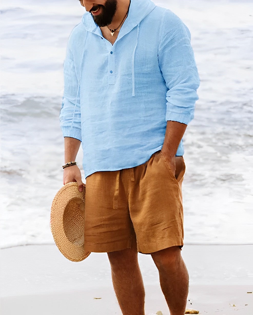 Men’s Linen Blend Beach Shirt | Lightweight Long Sleeve Henley | Summer Resortwear Canada