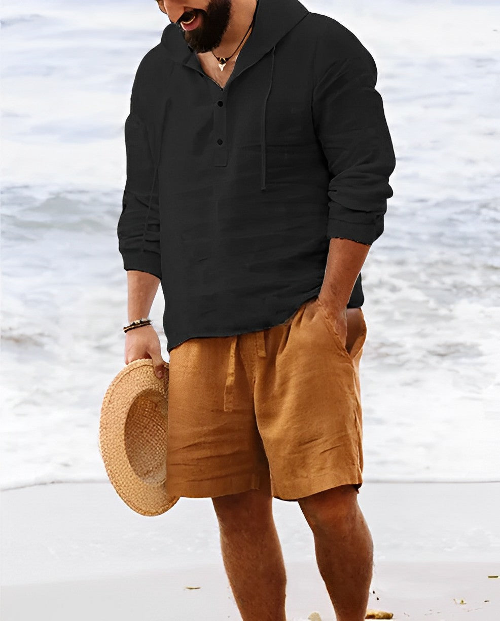 Men’s Linen Blend Beach Shirt | Lightweight Long Sleeve Henley | Summer Resortwear Canada