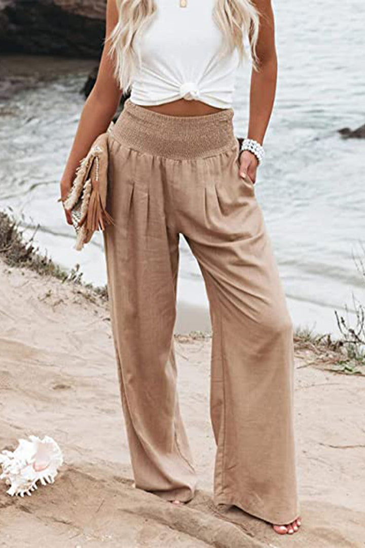 Women's Linen Blend Wide-Leg Pants | High Waist Smocked Waistband | Casual Summer Trousers