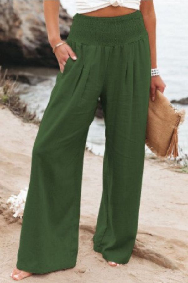 Women's Linen Blend Wide-Leg Pants | High Waist Smocked Waistband | Casual Summer Trousers