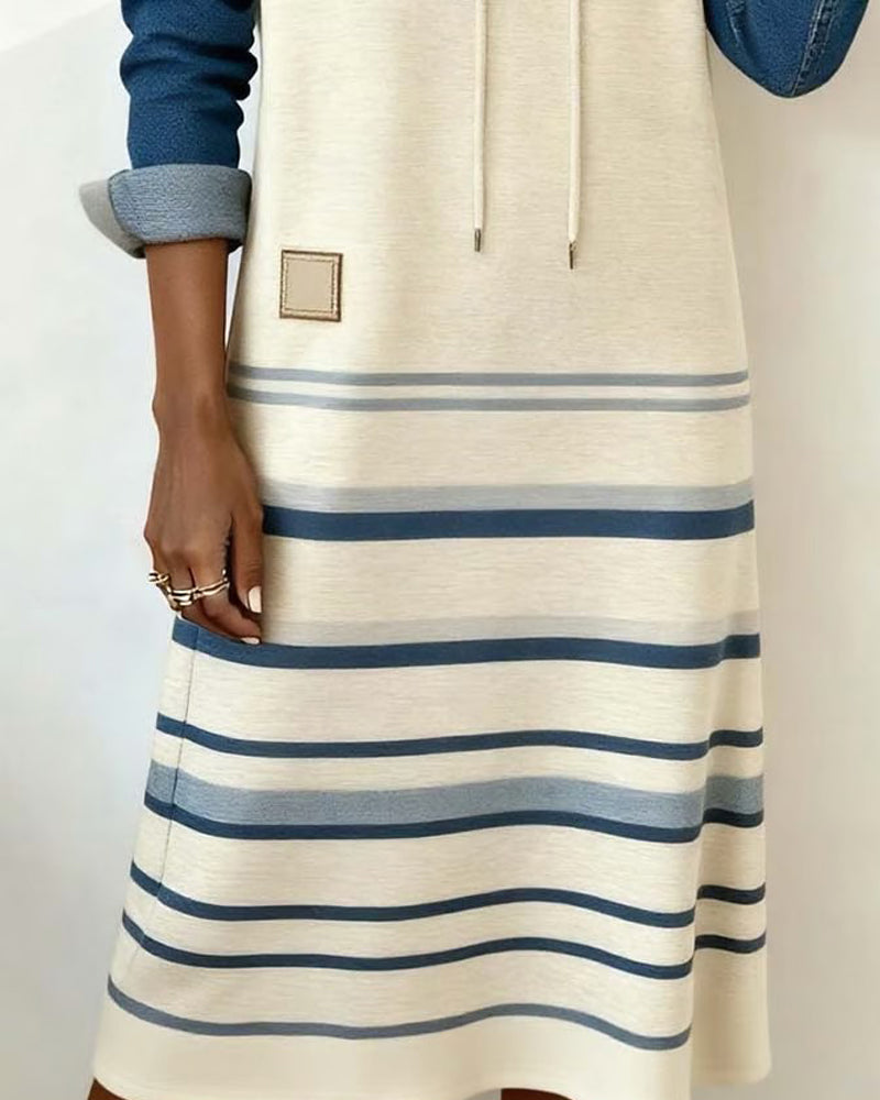Ceralyn - Casual Hooded Dress with Striped Patchwork Pattern