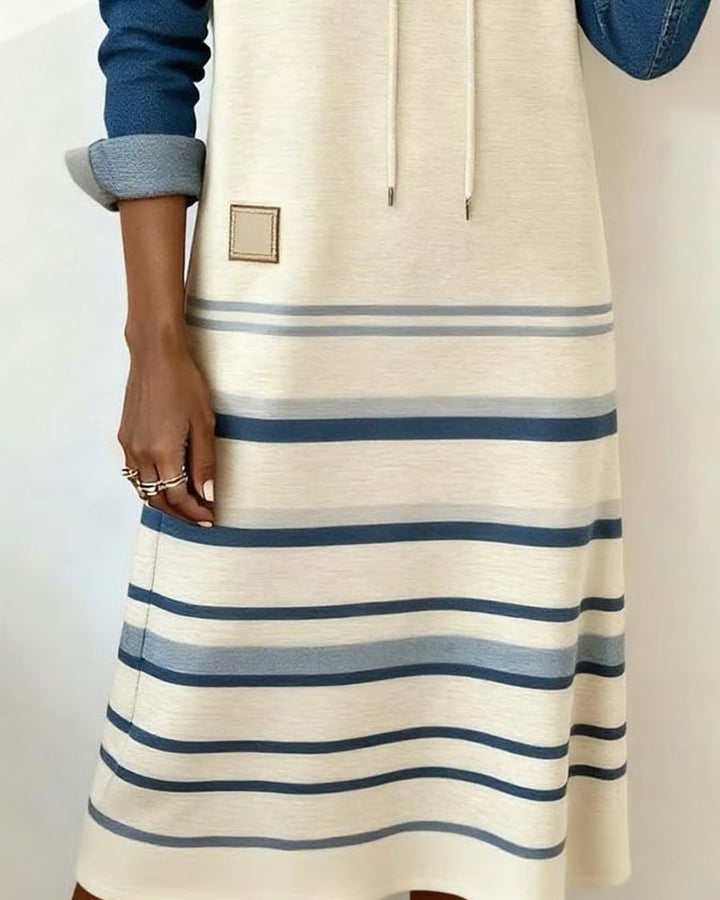 Ceralyn - Casual Hooded Dress with Striped Patchwork Pattern