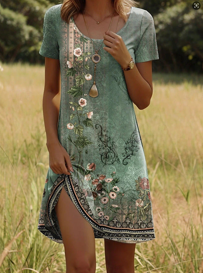Nivara - Round Neck Dress with Indian Print and Short Sleeves