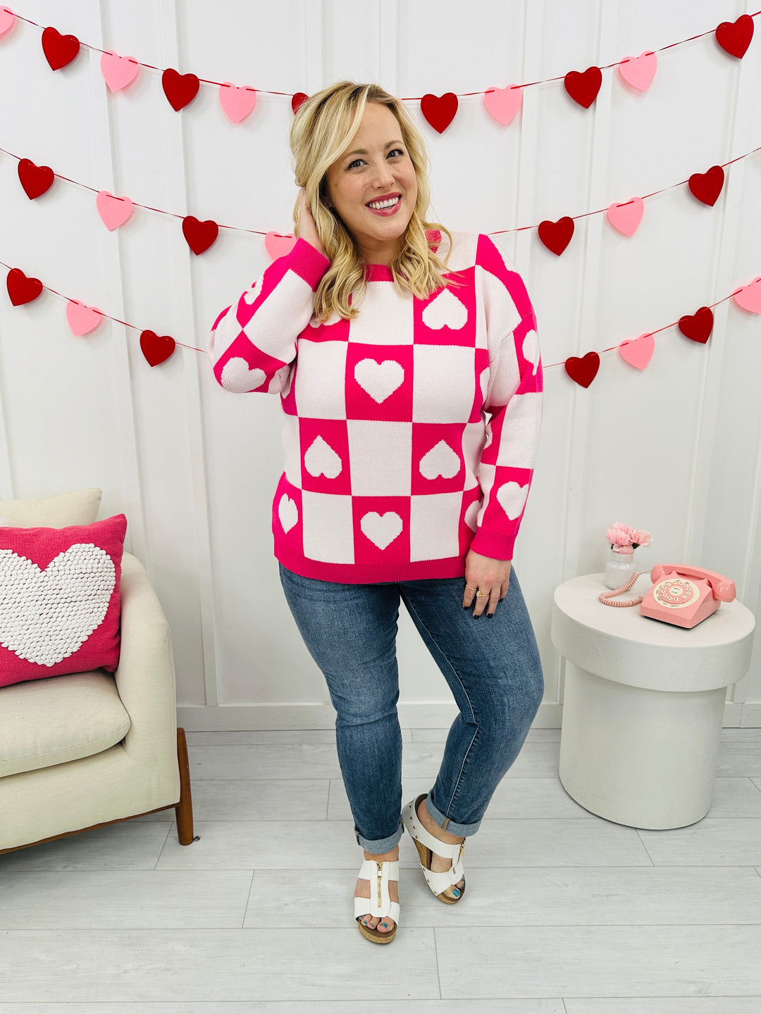 Ottilie - Valentine's Day Sweater with Checkered Hearts