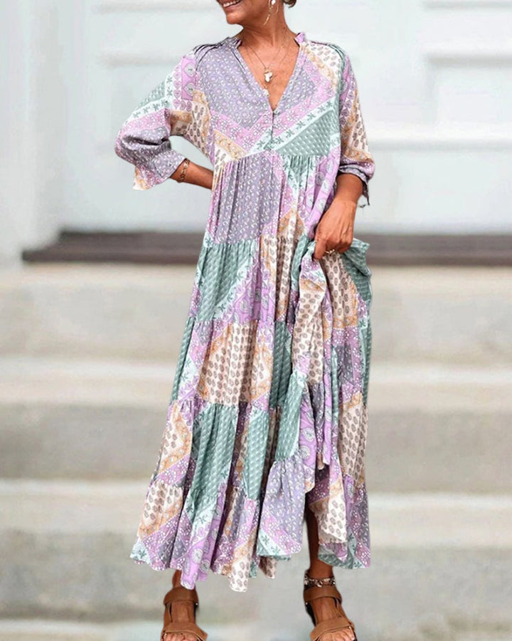 Quinna - Colorful maxi dress with color block print and 3/4 sleeves