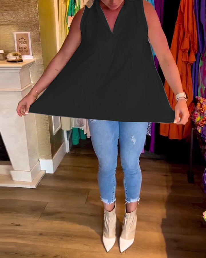 Tahliana - Sleeveless Top with Subtle Ruffles and Elegant Lapels