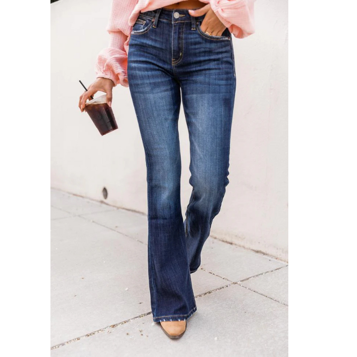 High-Rise Flare Jeans | Stretch Denim | Classic Dark Wash Fit