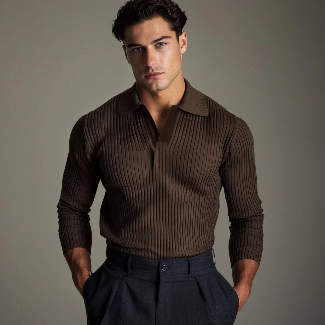Men’s Ribbed Knit Polo Sweater | Slim Fit | Elevated Smart Casual Long Sleeve