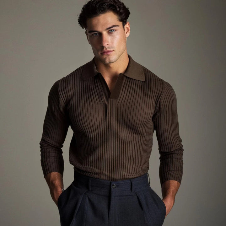 Men’s Ribbed Knit Polo Sweater | Slim Fit | Elevated Smart Casual Long Sleeve