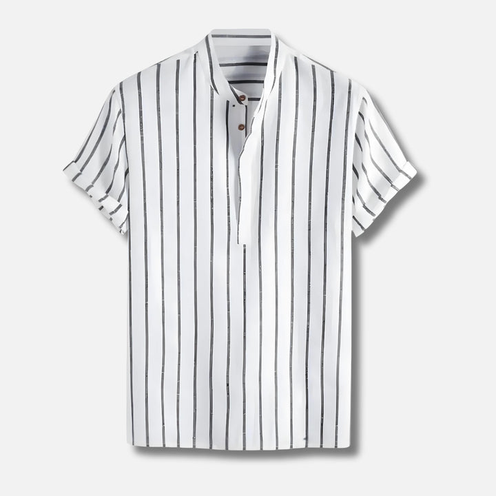 Striped Popover Shirt | Short Sleeve | Band Collar Lightweight Top