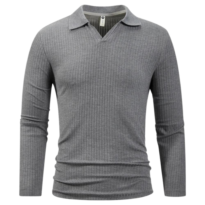 Men's Ribbed Long Sleeve Polo | Lightweight Knit Top | Slim Fit Collar Style