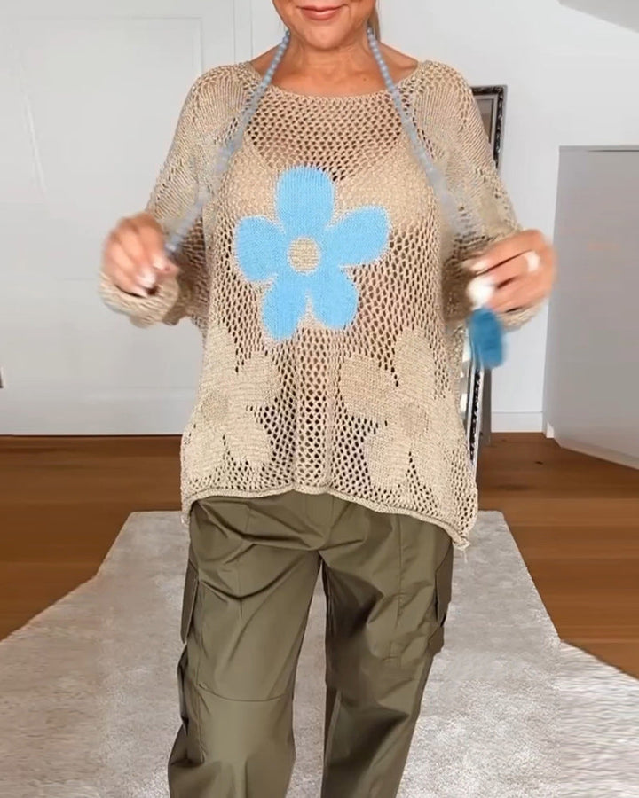 Sasha - Floral knit sweater with long openwork sleeves