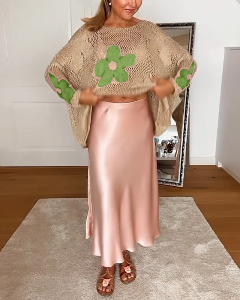 Sasha - Floral knit sweater with long openwork sleeves