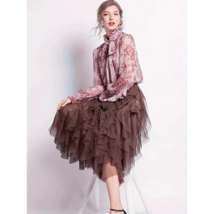Ruffled Tulle Midi Skirt | Layered Mesh Volume | Asymmetrical Hem