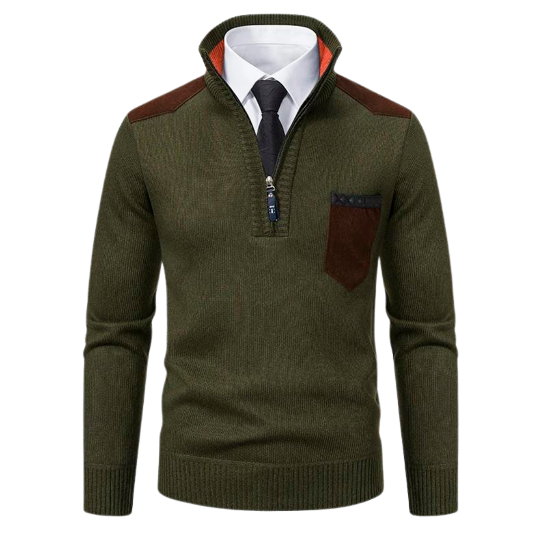 Men’s Quarter-Zip Knit Sweater | Contrast Suede Trim | Fall Layering Essential
