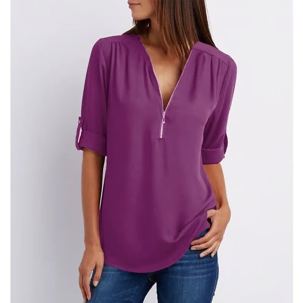 Quelina - Loose-Fitting 3/4 Sleeve Zip-Up Blouse