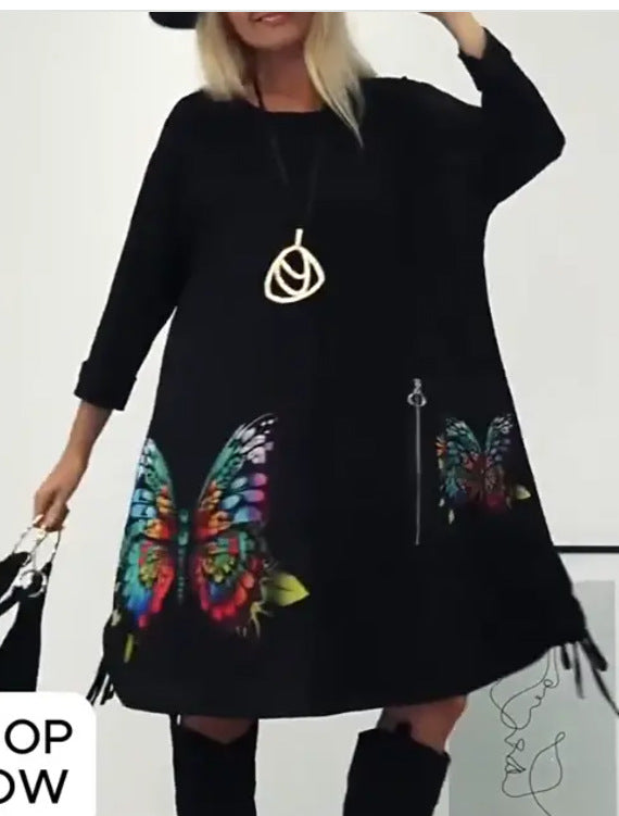 Florienne - Multicolored butterfly print dress with round neck
