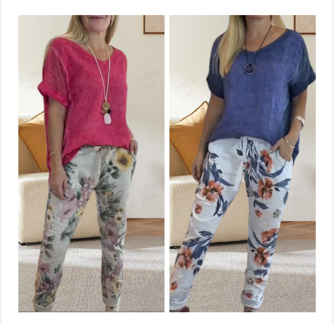 Evangeline - Women's 2 Piece Set - Solid Blouse and Casual Floral Print Pants