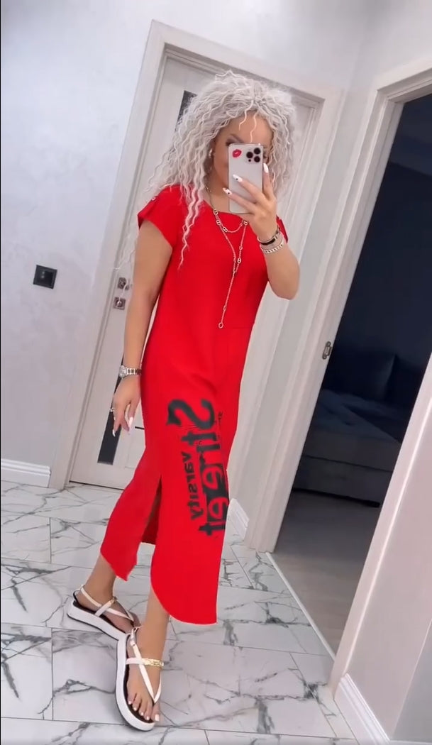 Delara - Letter Print Dress with Round Neck and Slit at Pockets