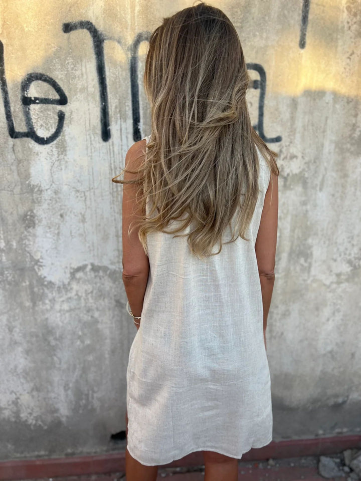 Nerelle - Robe décontractée en coton et lin avec col en V et poche latérale