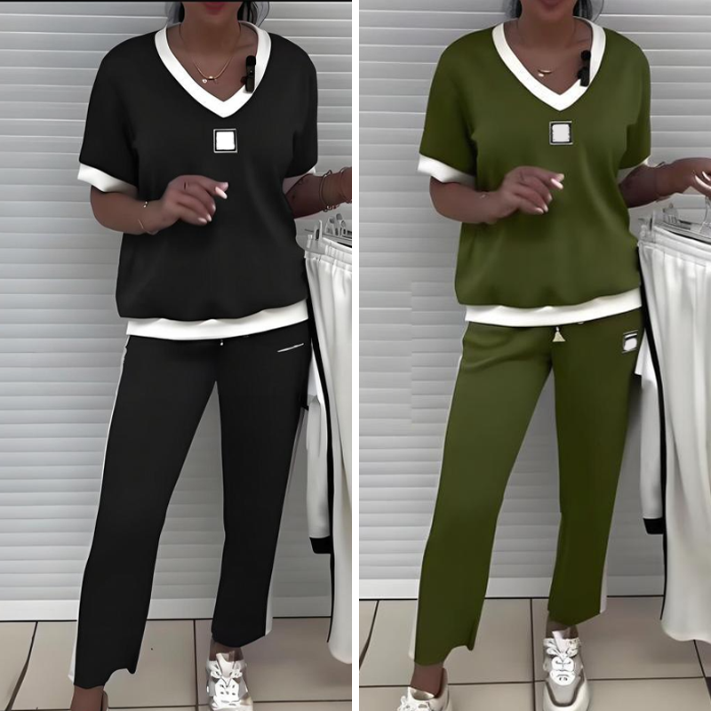 Euphrasie - Women's Casual V-Neck Top and Pants Set