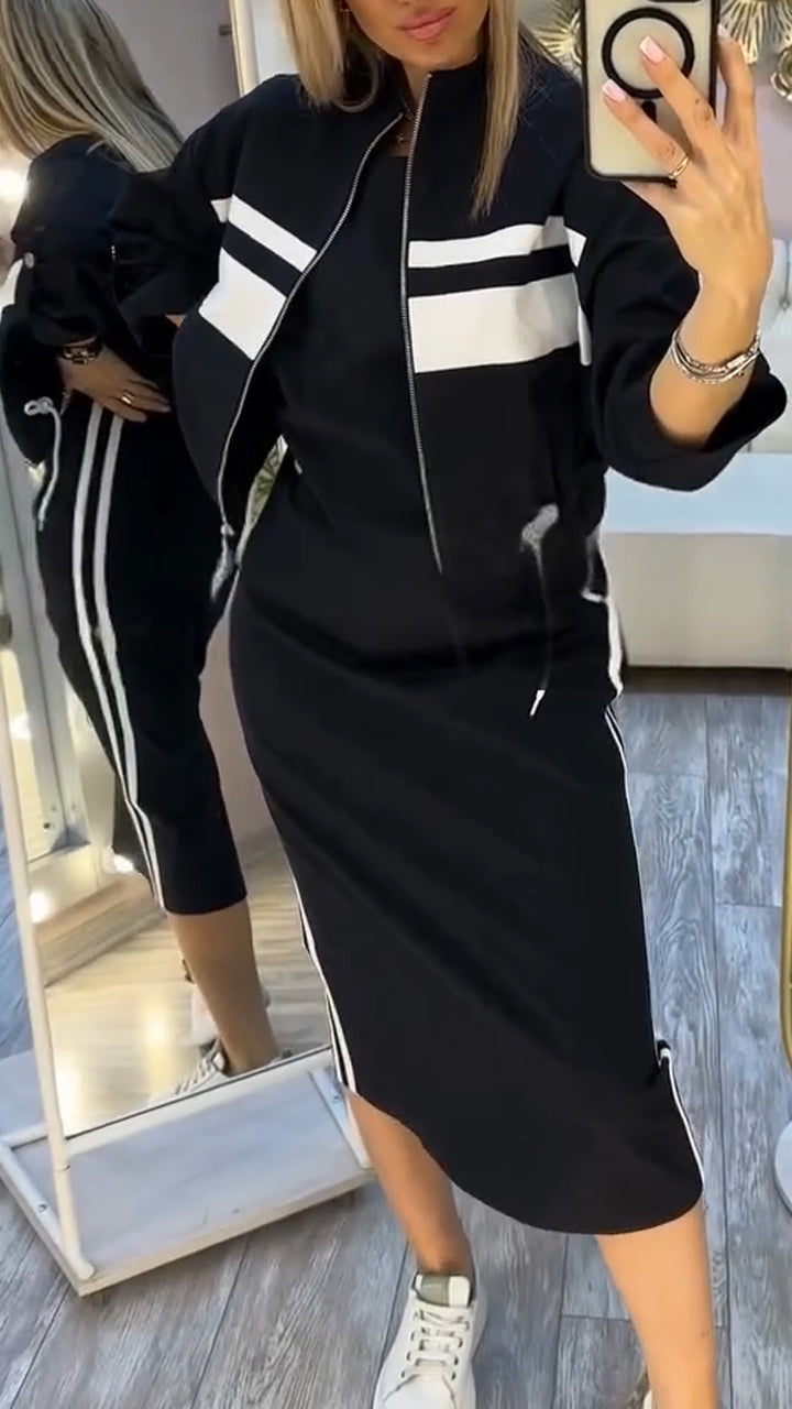 Pravella - Casual-chic women's set with round-neck midi dress and zip-up jacket