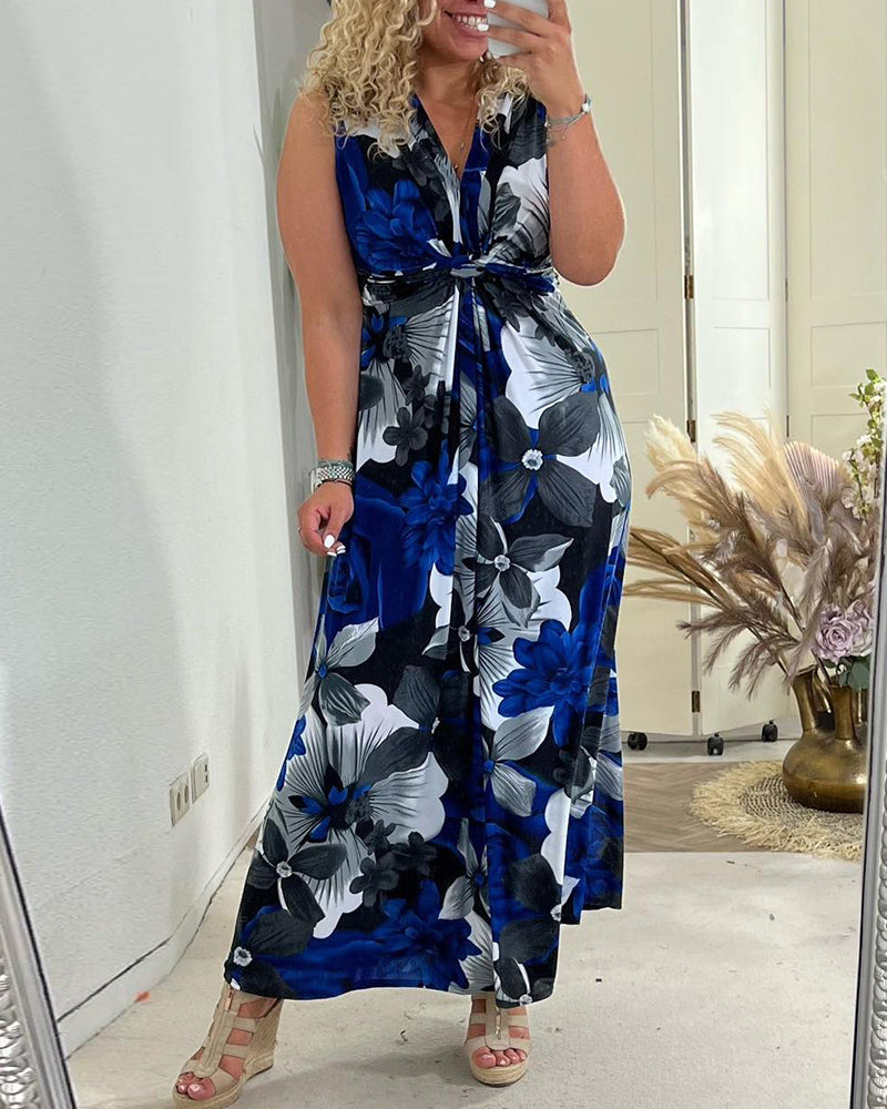 Sacha - Elegant sleeveless dress with pleated floral print