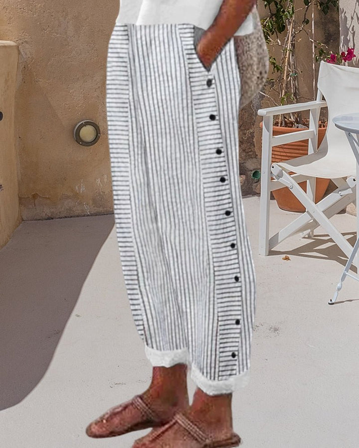 Striped Button Detail Pants | Cropped Hem | Relaxed Everyday Fit