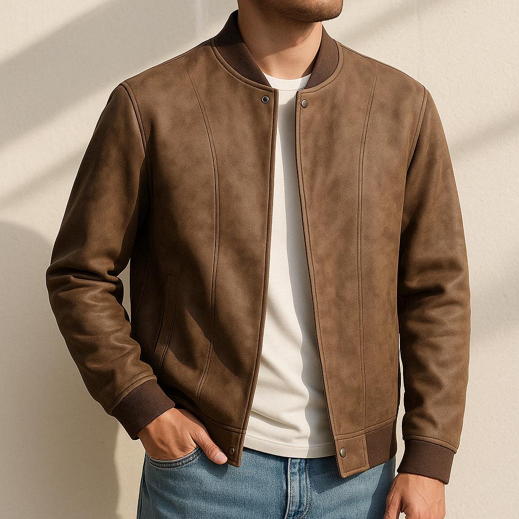 Men’s Suede Bomber Jacket | Zip-Front | Ribbed Hem & Cuffs