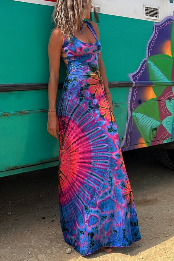 Junaria - Tie-dye print maxi dress with lace-up back, stretchy (with built-in bra)