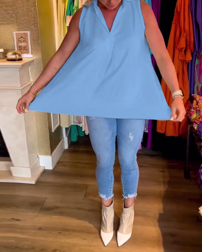 Tahliana - Sleeveless Top with Subtle Ruffles and Elegant Lapels