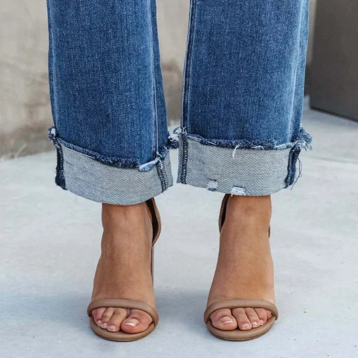 Straight-Leg Cuffed Jeans | Mid-Wash Denim | Rolled Hem Detail