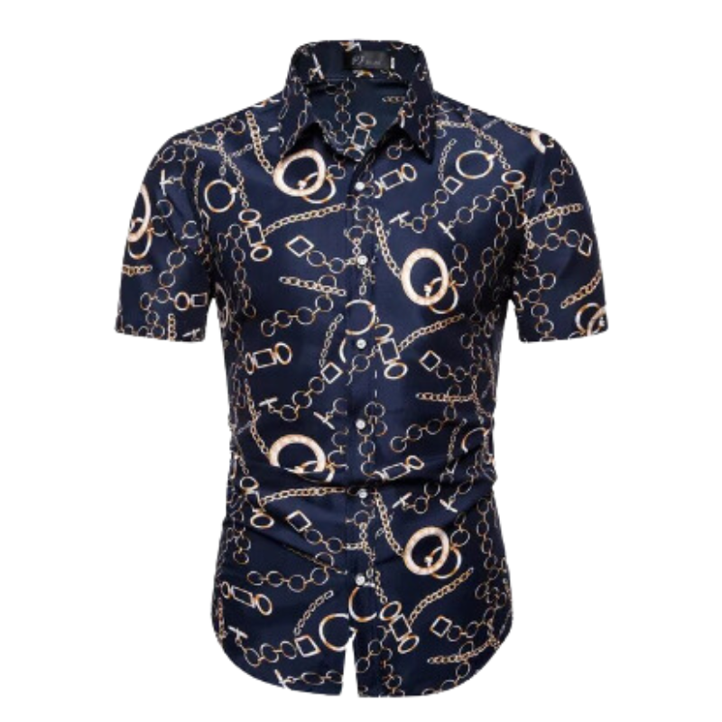 Men’s Navy Printed Short Sleeve Shirt | Button-Up Casual Summer Top | Slim Fit