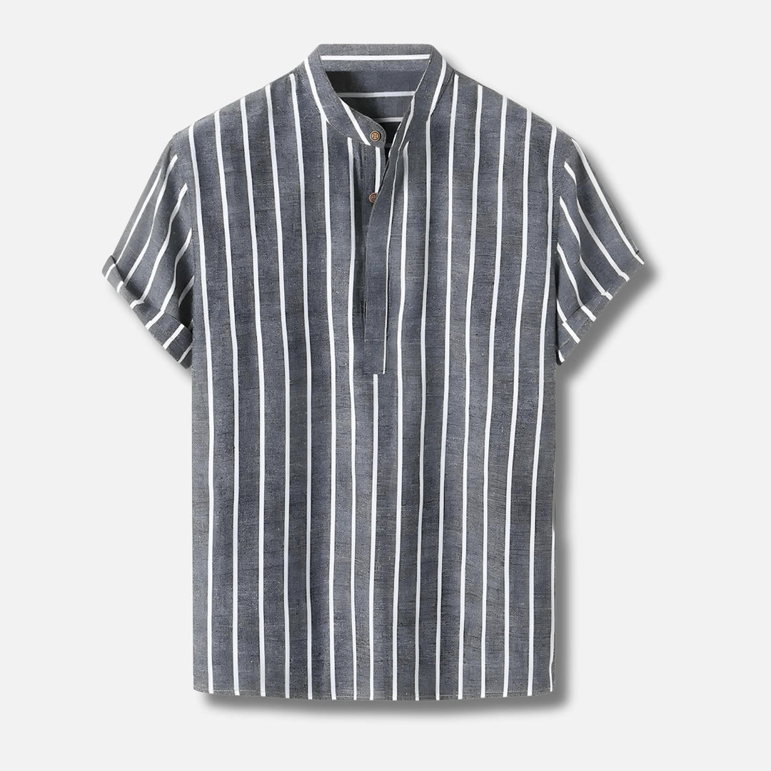 Striped Popover Shirt | Short Sleeve | Band Collar Lightweight Top
